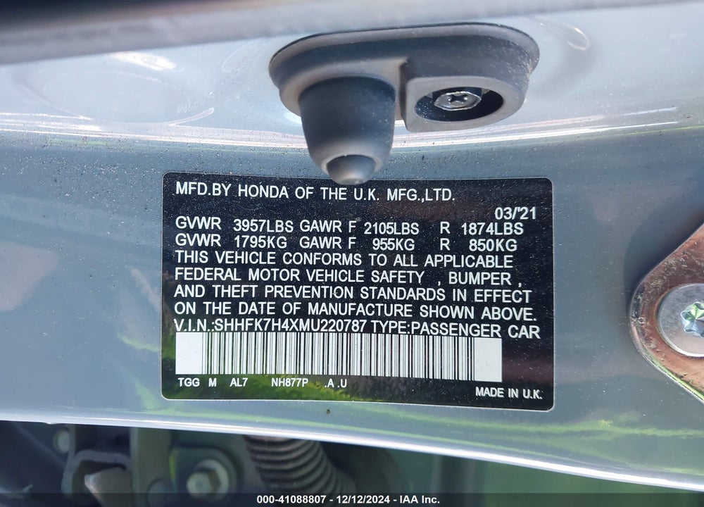 2021 HONDA CIVIC SPORT VIN: SHHFK7H4XMU220787