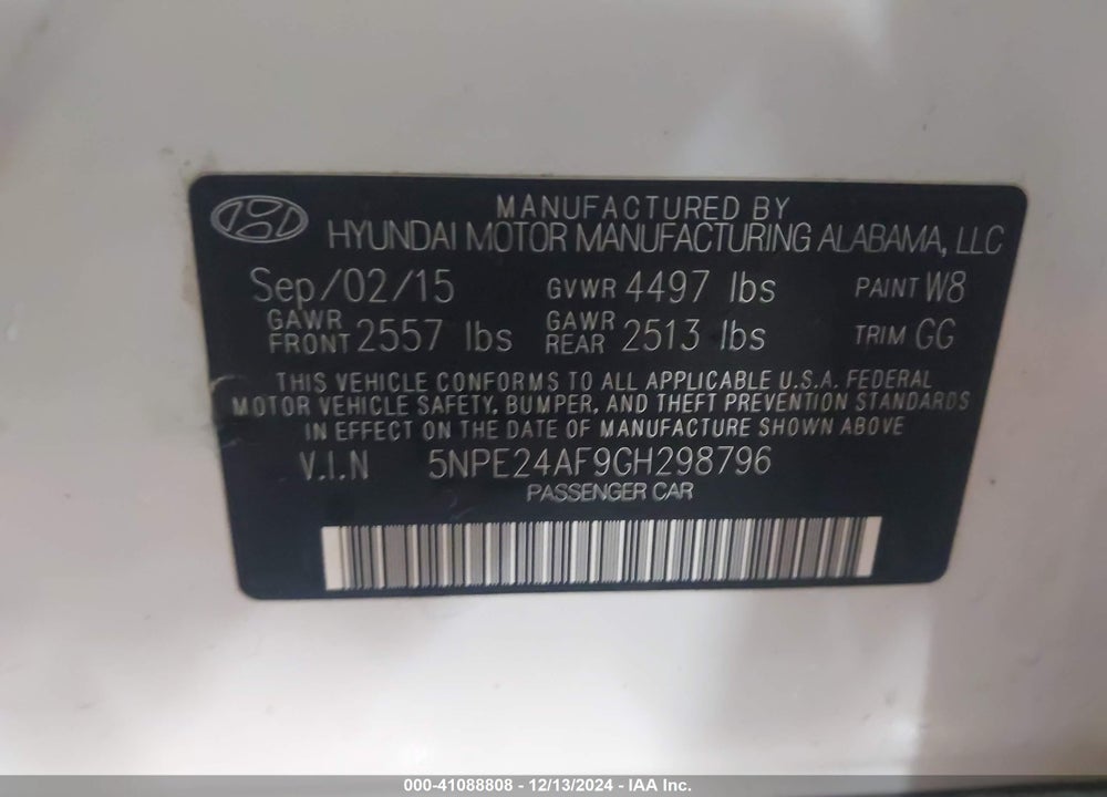 2016 HYUNDAI SONATA SE VIN: 5NPE24AF9GH298796