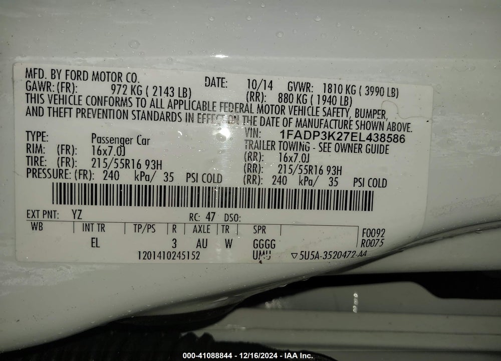 2014 FORD FOCUS SE VIN: 1FADP3K27EL438586