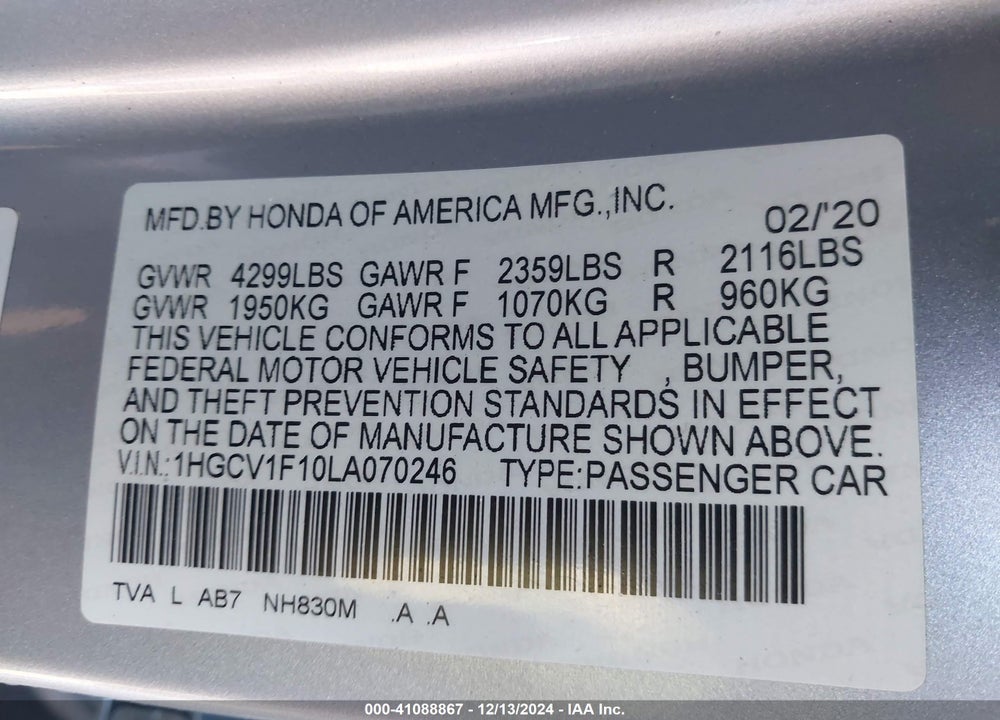 2020 HONDA ACCORD LX VIN: 1HGCV1F10LA070246