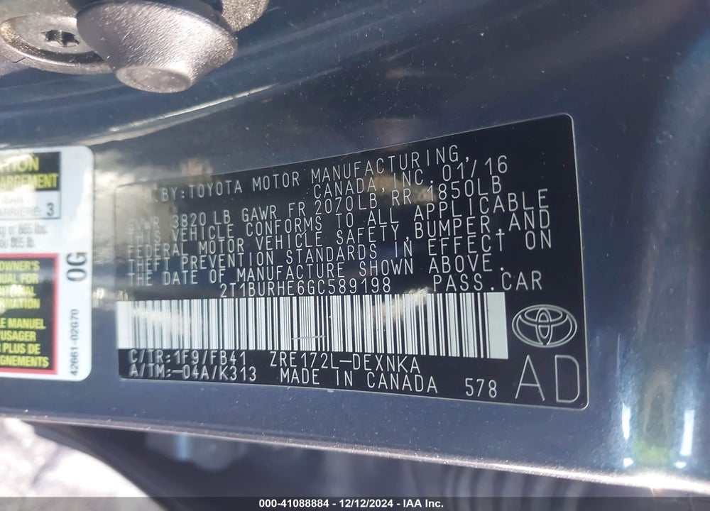 2016 TOYOTA COROLLA LE VIN: 2T1BURHE6GC589198