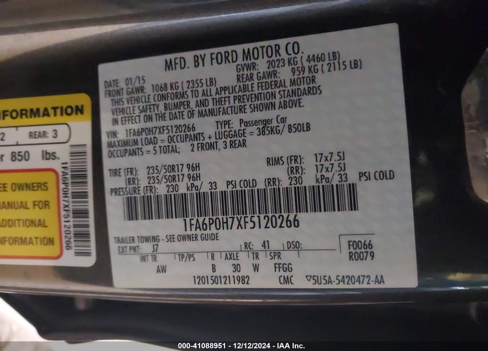 2015 FORD FUSION SE VIN: 1FA6P0H7XF5120266