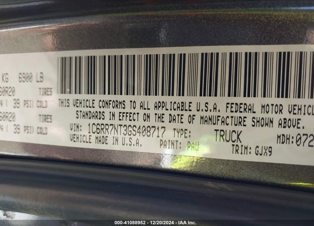 2016 RAM 1500 LAIE VIN: 1C6RR7NT3GS408717
