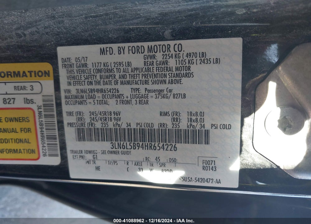 2017 LINCOLN MKZ VIN: 3LN6L5B94HR654226