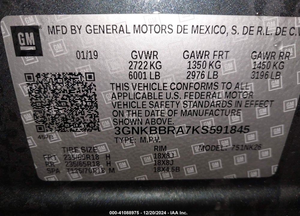 2019 CHEVROLET BLAZER VIN: 3GNKBBRA7KS591845