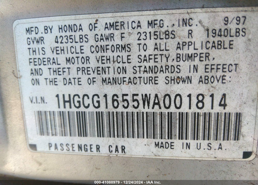 1998 HONDA ACCORD EX V6 VIN: 1HGCG1655WA001814