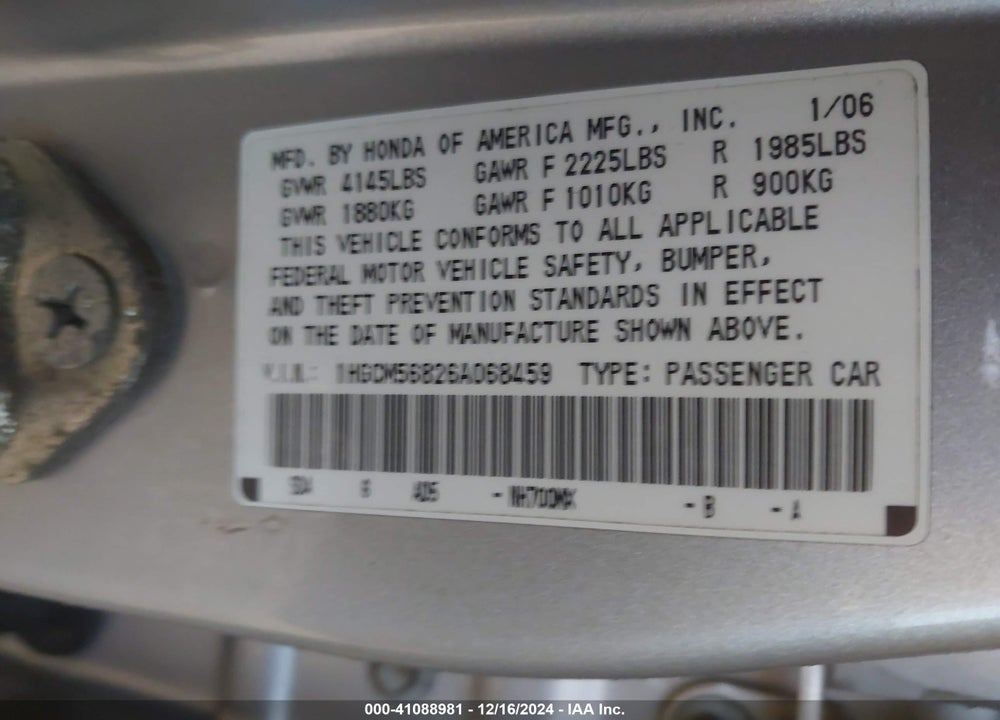 2006 HONDA ACCORD 2.4 EX VIN: 1HGCM56826A068459