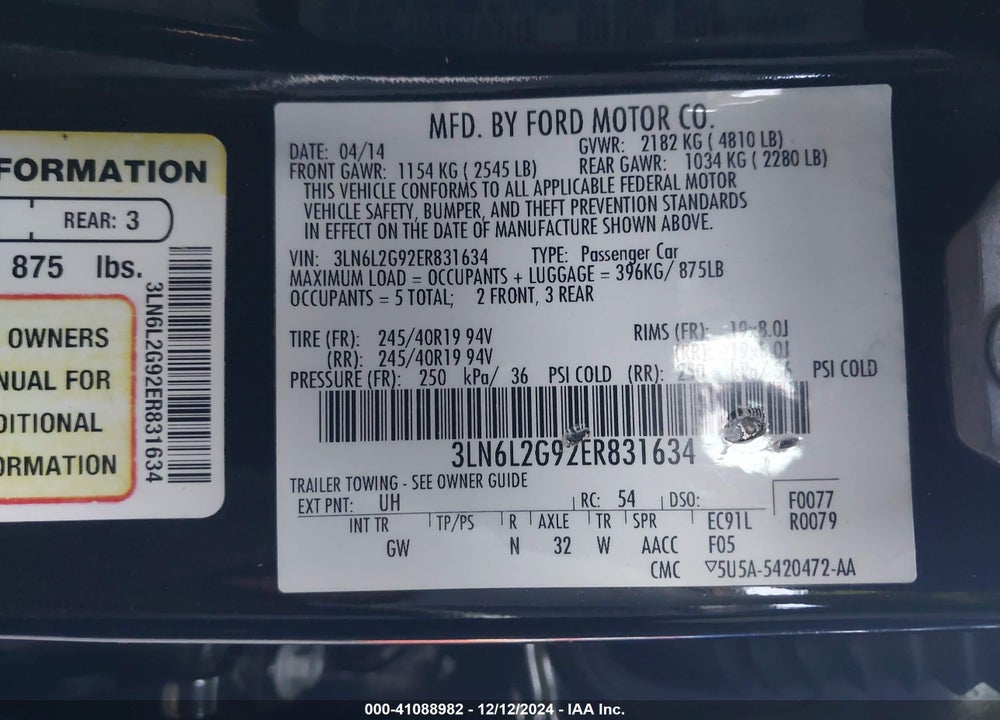 2014 LINCOLN MKZ VIN: 3LN6L2G92ER831634