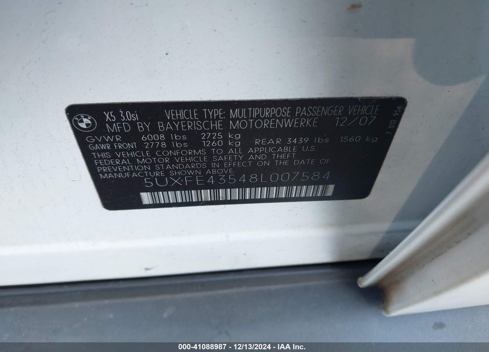 2008 BMW X5 3.0SI VIN: 5UXFE43548L007584