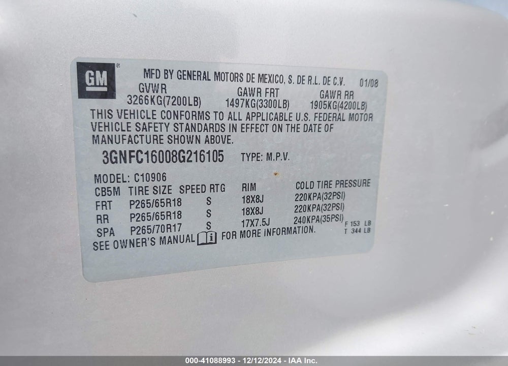 2008 CHEVROLET SUBURBAN 1500 LT VIN: 3GNFC16008G216105