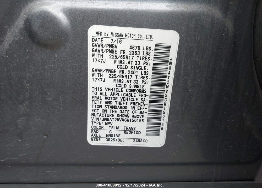 2016 NISSAN ROGUE S VIN: JN8AT2MVXGW150156
