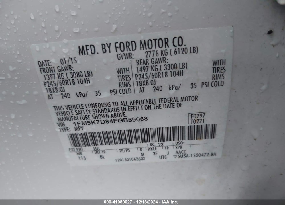 2015 FORD EXPLORER XLT VIN: 1FM5K7D84FGB69068