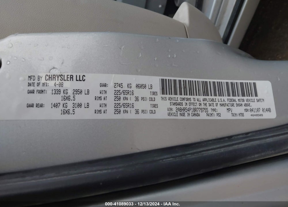 2008 CHRYSLER TOWN & COUNTRY TOURING VIN: 2A8HR54P18R779755
