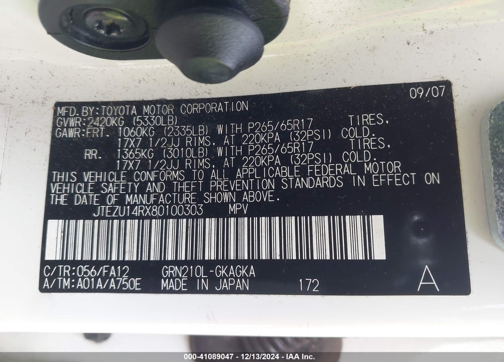 2008 TOYOTA 4RUNNER SR5 V6 VIN: JTEZU14RX80100303