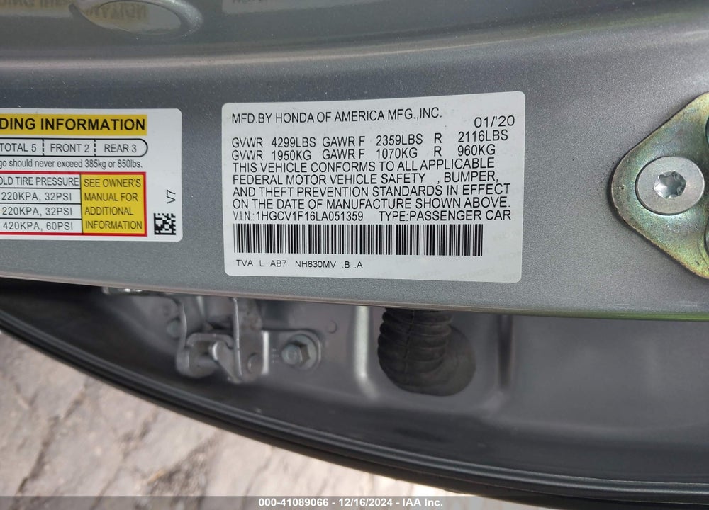 2020 HONDA ACCORD VIN: 1HGCV1F16LA051359