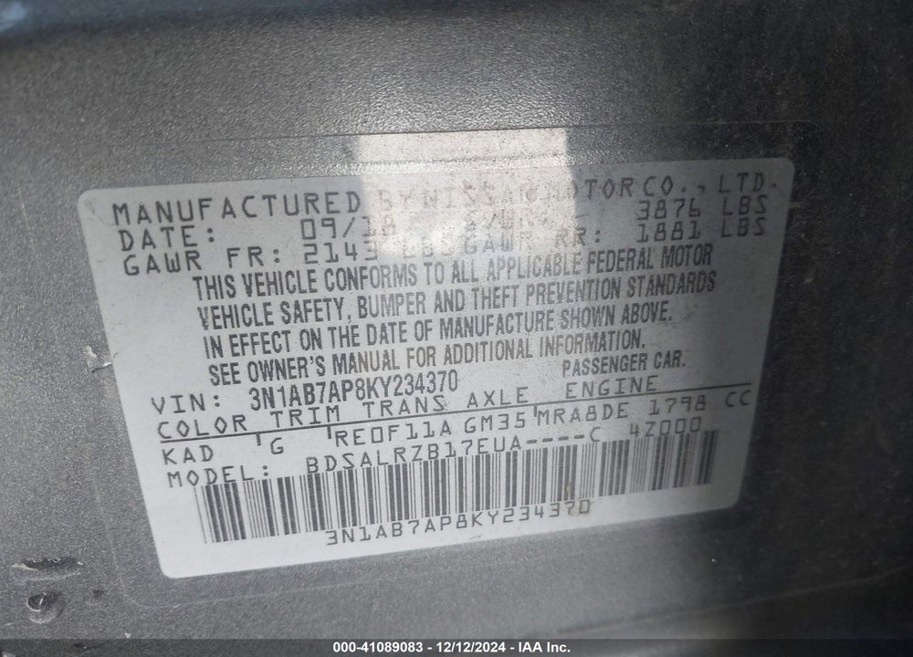 2019 NISSAN SENTRA VIN: 3N1AB7AP8KY234370