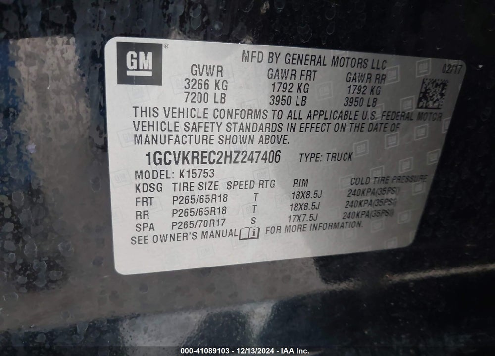 2017 CHEVROLET SILVERADO 1500 2LT VIN: 1GCVKREC2HZ247406
