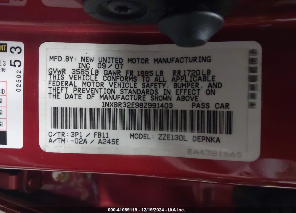 2008 TOYOTA COROLLA VIN: 1NXBR32E98Z991403
