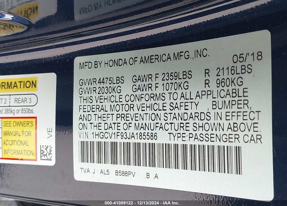 2018 HONDA ACCORD VIN: 1HGCV1F93JA185586