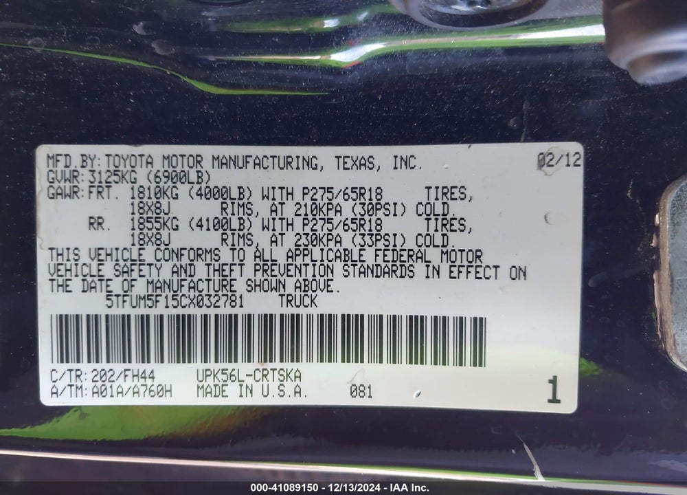 2012 TOYOTA TUNDRA GRADE 4.6L V8 VIN: 5TFUM5F15CX032781