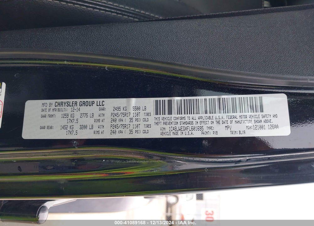 2015 JEEP WRANGLER UNLIMITED VIN: 1C4BJWEGXFL601695