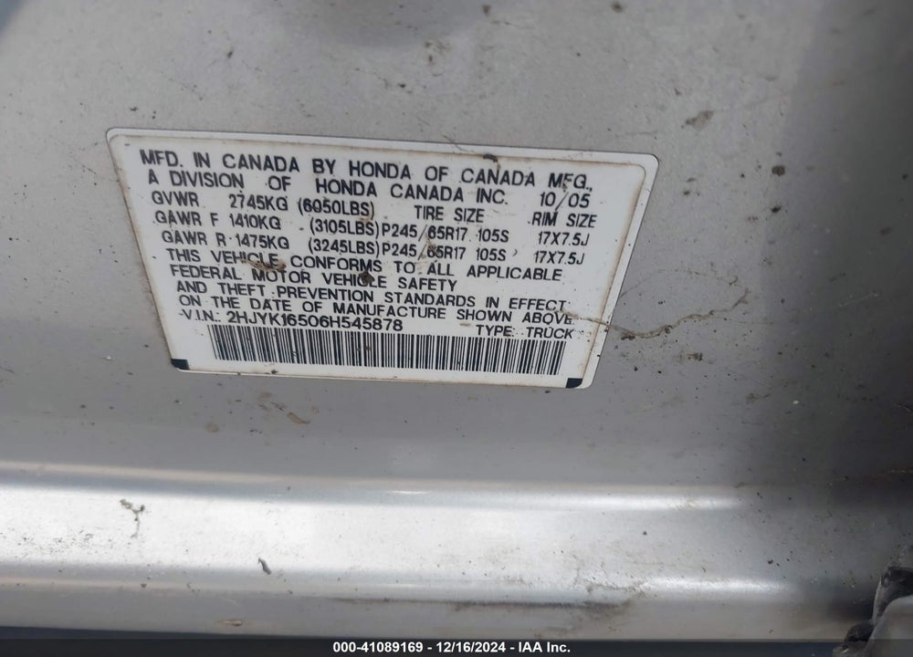 2006 HONDA RIDGELINE VIN: 2HJYK16506H545878