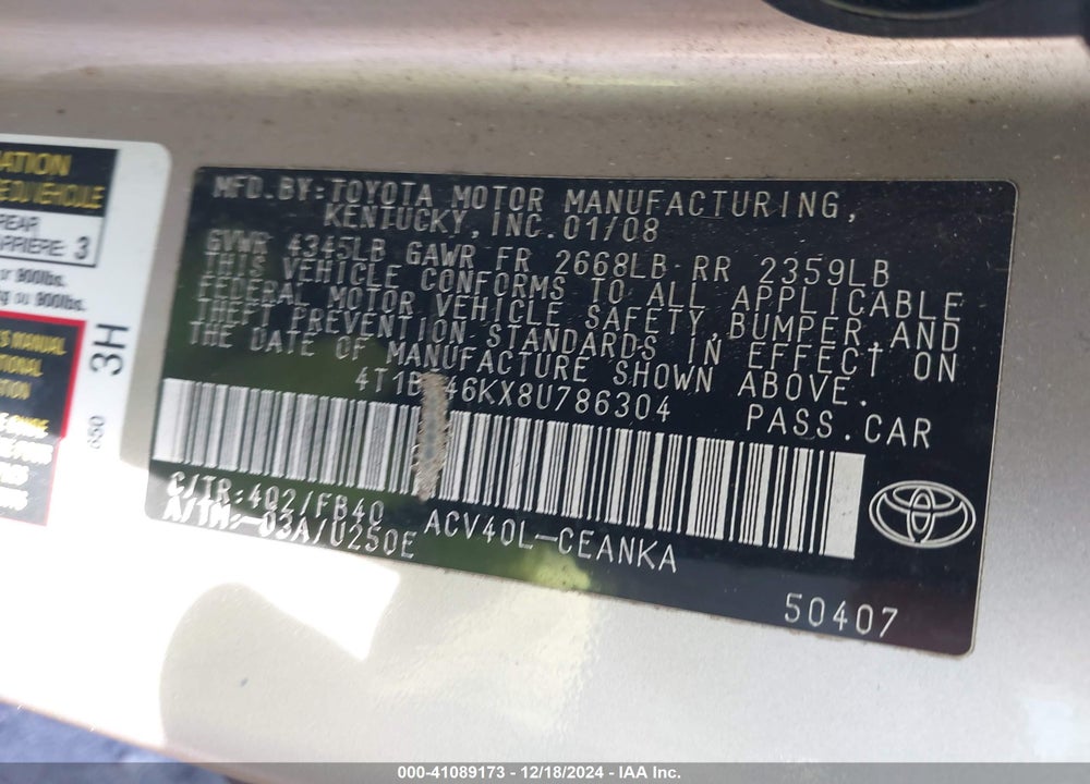 2008 TOYOTA CAMRY VIN: 4T1BE46KX8U786304