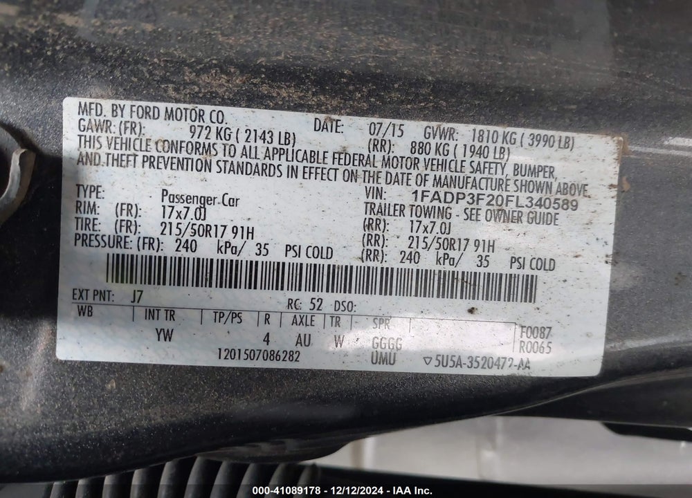 2015 FORD FOCUS SE VIN: 1FADP3F20FL340589