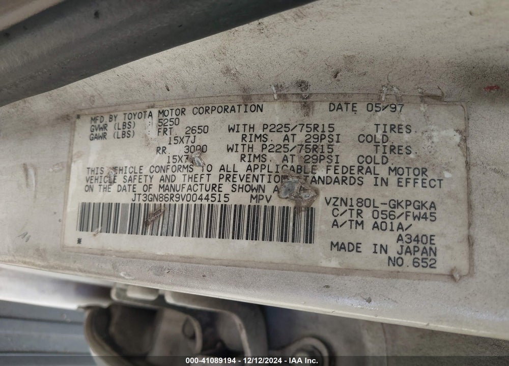 1997 TOYOTA 4RUNNER SR5 V6 VIN: JT3GN86R9V0044515