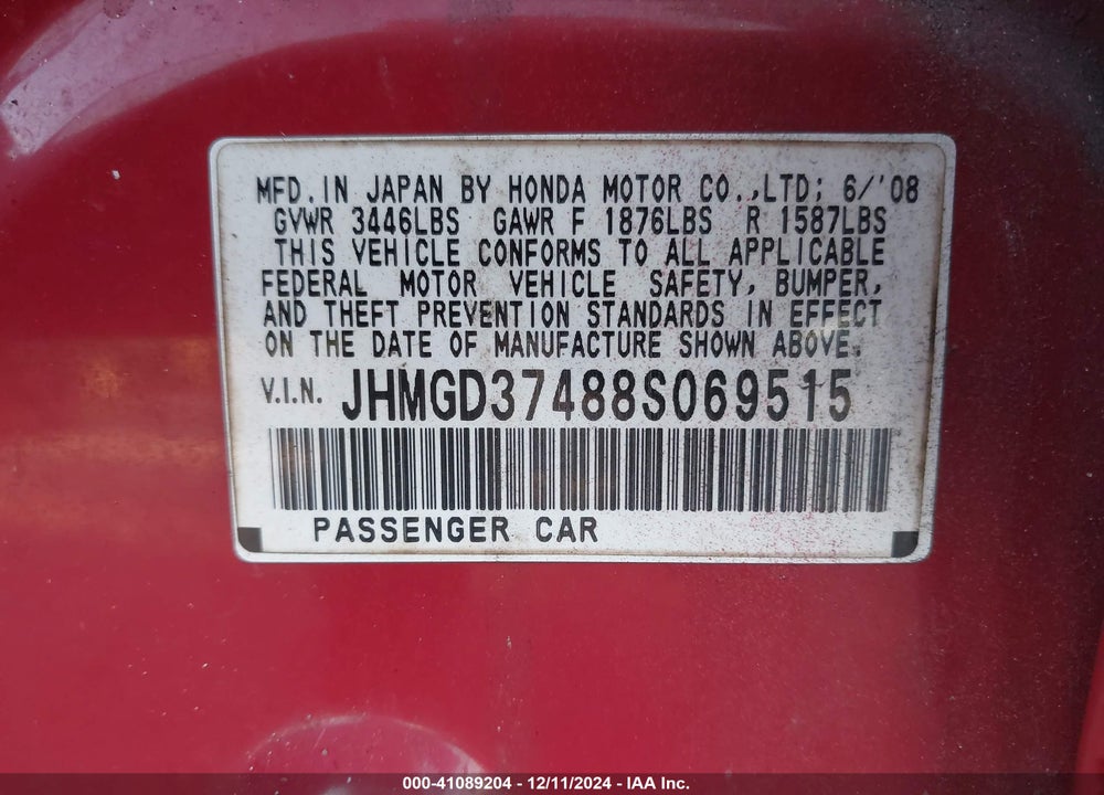 2008 HONDA FIT VIN: JHMGD37488S069515