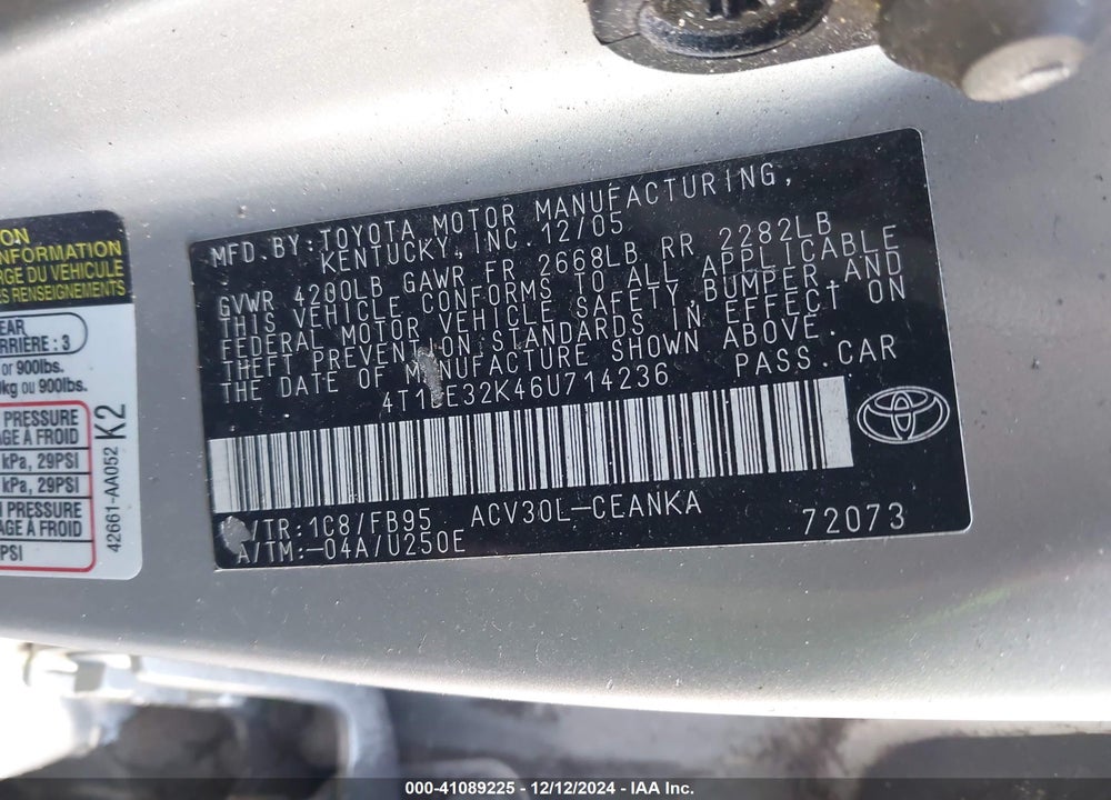 2006 TOYOTA CAMRY LE VIN: 4T1BE32K46U714236