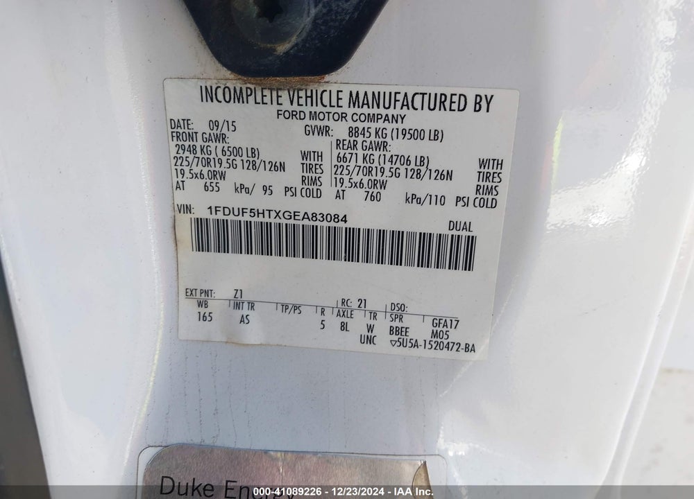 2016 FORD F-550 CHASSIS XL VIN: 1FDUF5HTXGEA83084