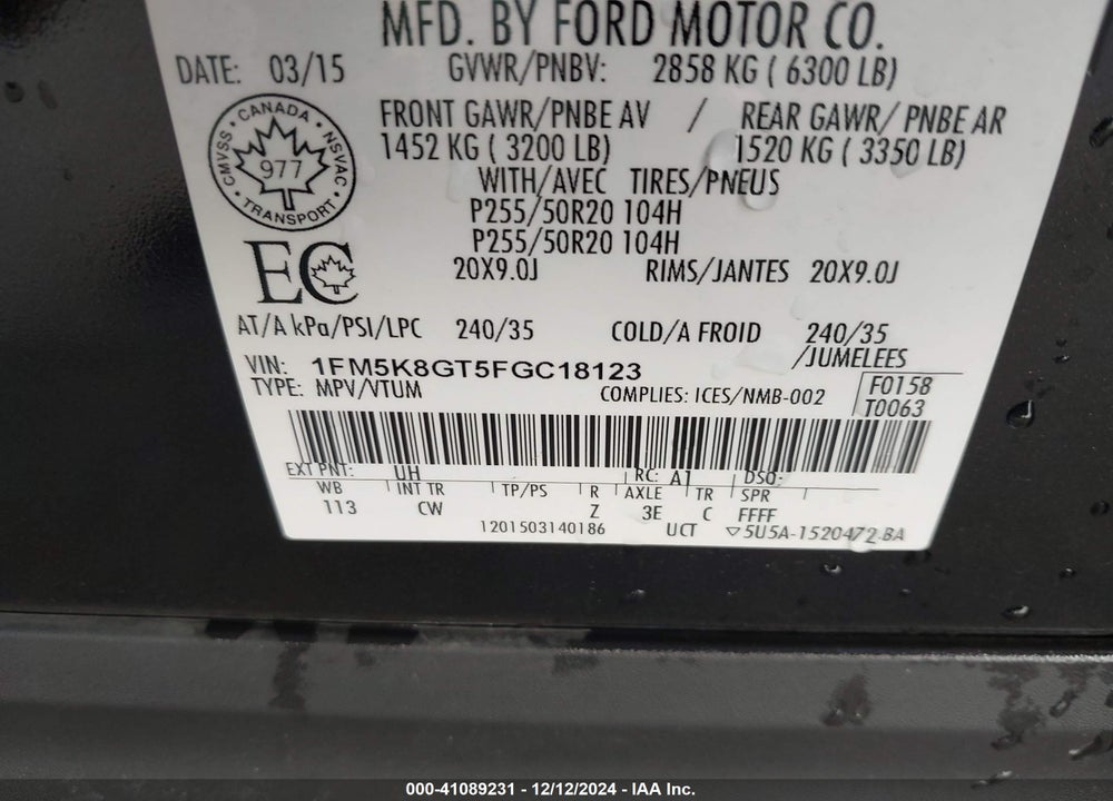 2015 FORD EXPLORER SPORT VIN: 1FM5K8GT5FGC18123