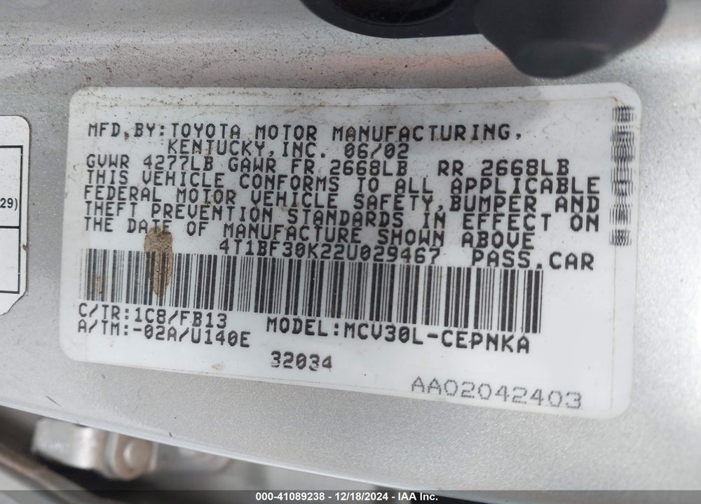 2002 TOYOTA CAMRY LE V6 VIN: 4T1BF30K22U029467
