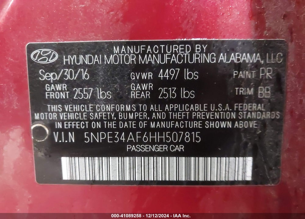 2017 HYUNDAI SONATA SPORT VIN: 5NPE34AF6HH507815