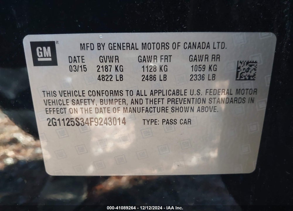 2015 CHEVROLET IMPALA 2LT VIN: 2G1125S34F9243014