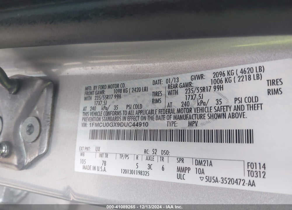 2013 FORD ESCAPE SE VIN: 1FMCU0GX9DUC44910