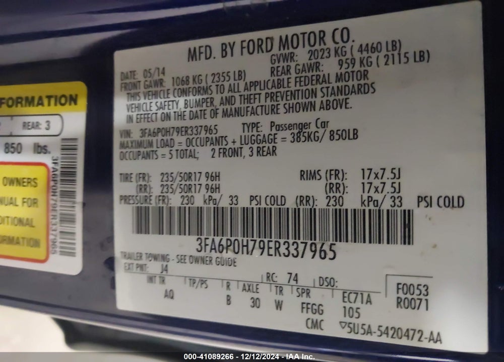2014 FORD FUSION SE VIN: 3FA6P0H79ER337965