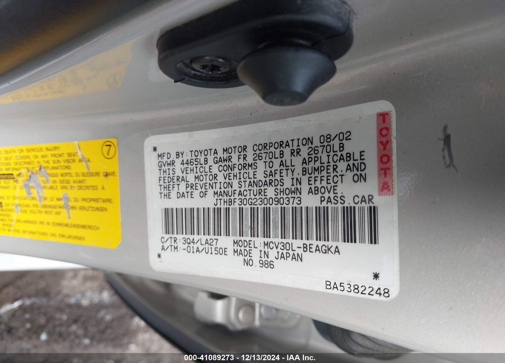 2003 LEXUS ES 300 VIN: JTHBF30G230090373