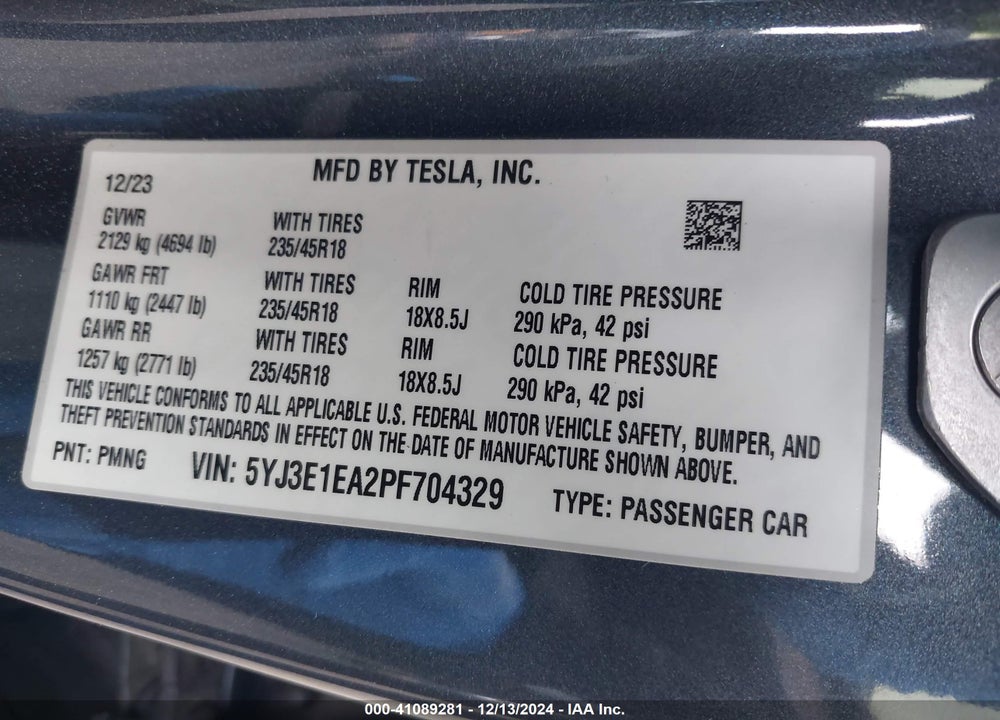 2023 TESLA MODEL 3 REAR-WHEEL DRIVE VIN: 5YJ3E1EA2PF704329