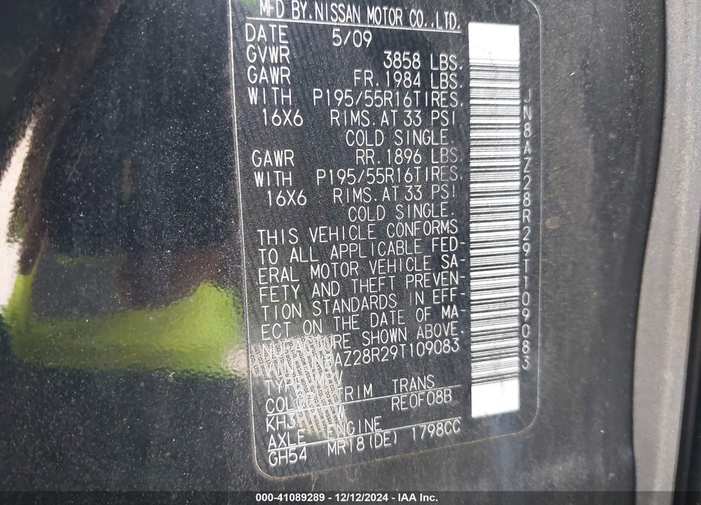 2009 NISSAN CUBE 1.8SL VIN: JN8AZ28R29T109083