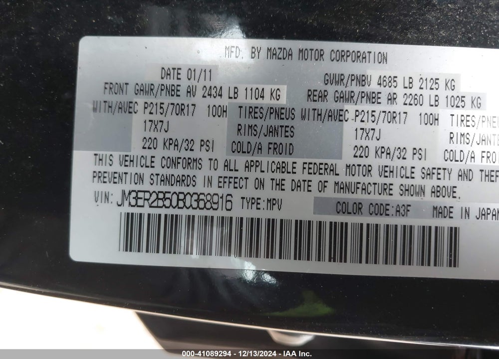2011 MAZDA CX-7 I SPORT VIN: JM3ER2B50B0368916