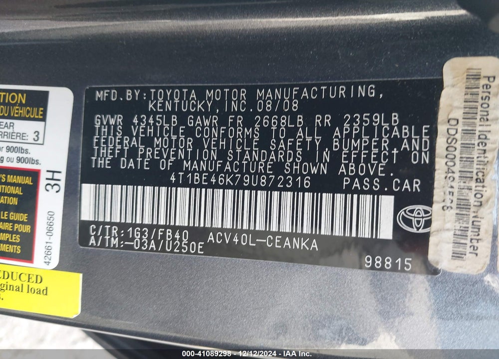 2009 TOYOTA CAMRY LE VIN: 4T1BE46K79U872316