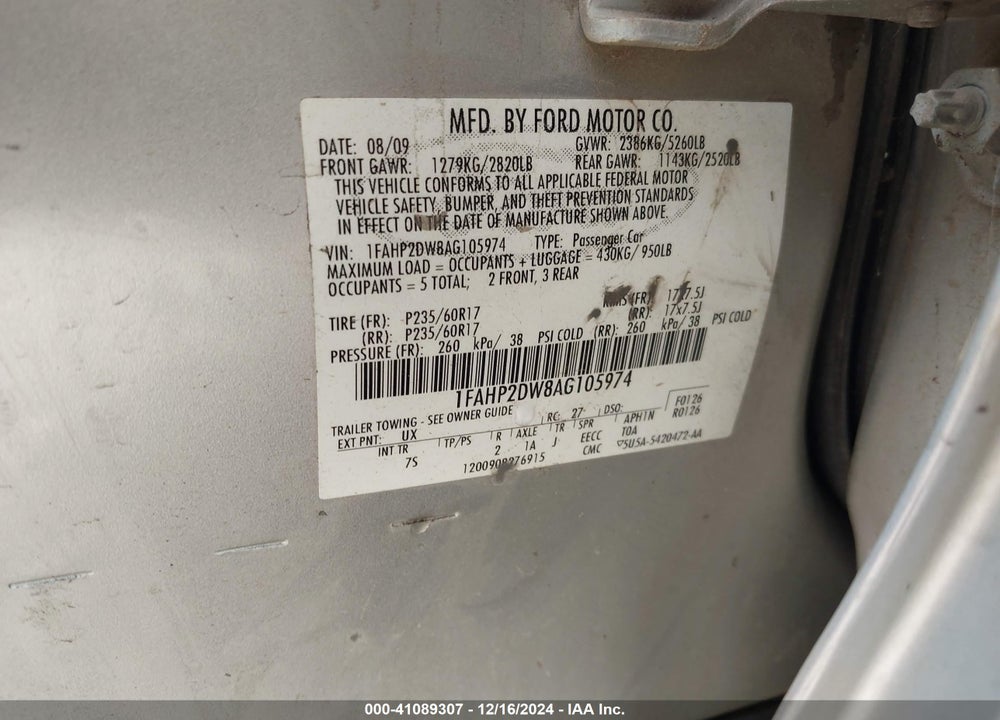 2010 FORD TAURUS VIN: 1FAHP2DW8AG105974