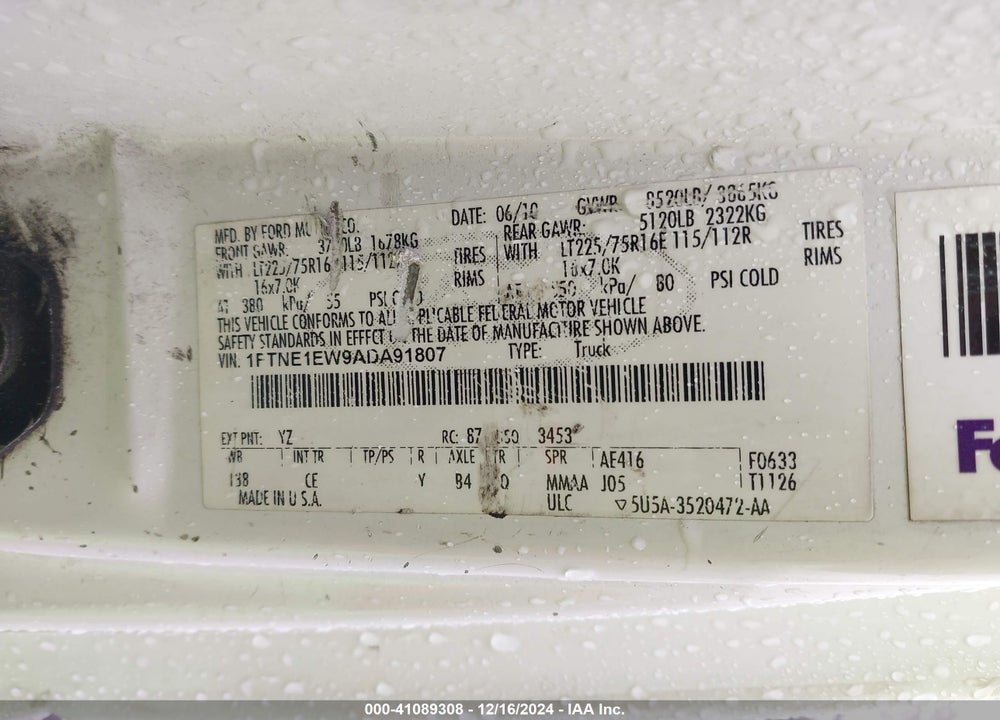 2010 FORD E-150 COMMERCIAL/RECREATIONAL VIN: 1FTNE1EW9ADA91807