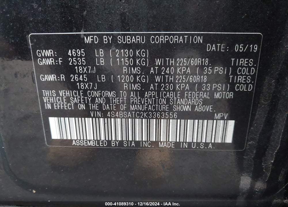 2019 SUBARU OUTBACK 2.5I TOURING VIN: 4S4BSATC2K3363556
