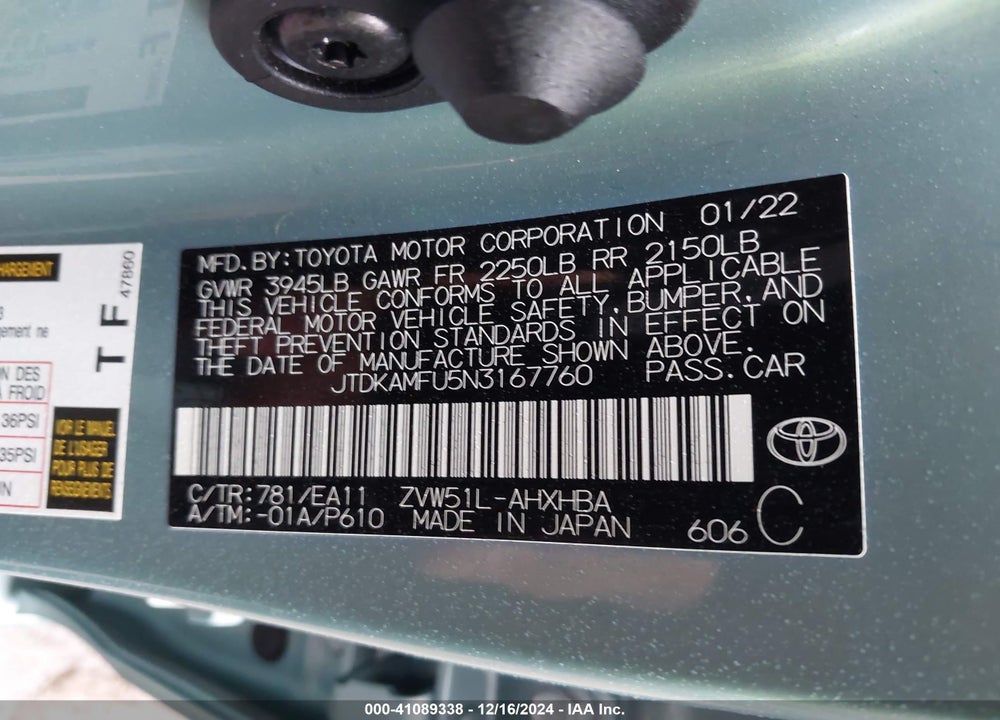 2022 TOYOTA PRIUS LIMITED VIN: JTDKAMFU5N3167760