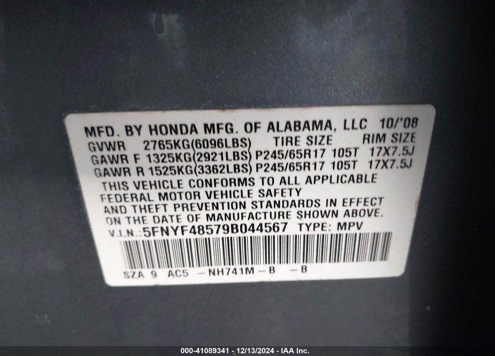 2009 HONDA PILOT EXL VIN: 5FNYF48579B044567