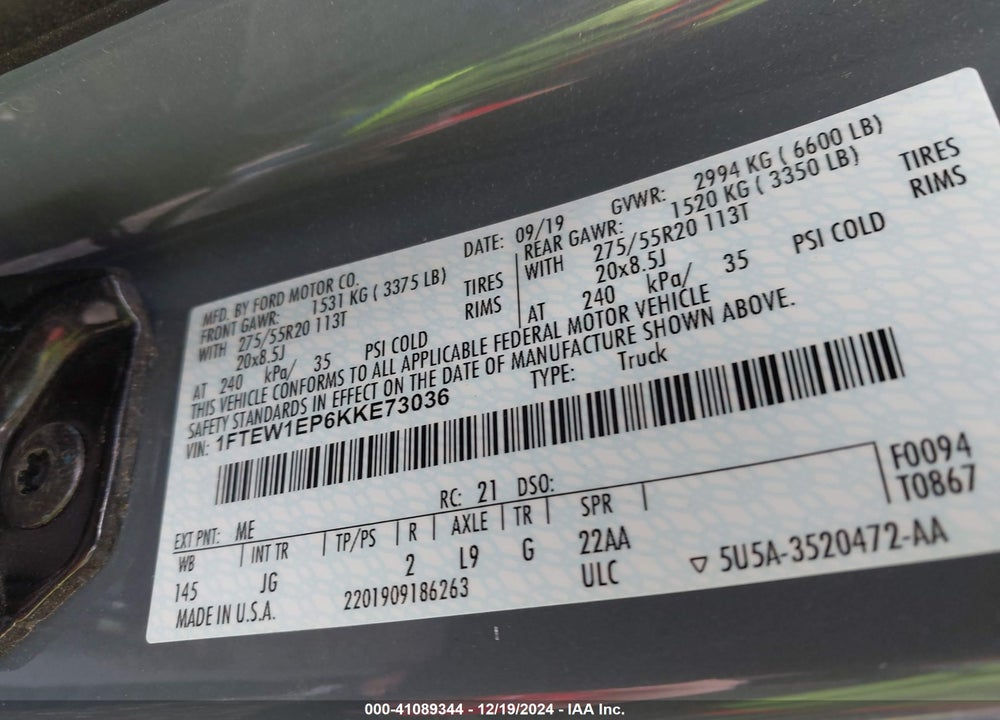 2019 FORD F-150 XL VIN: 1FTEW1EP6KKE73036