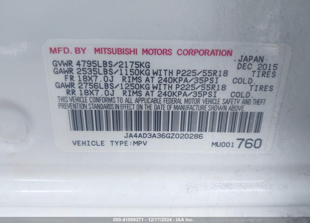 2016 MITSUBISHI OUTLANDER SE VIN: JA4AD3A36GZ020286